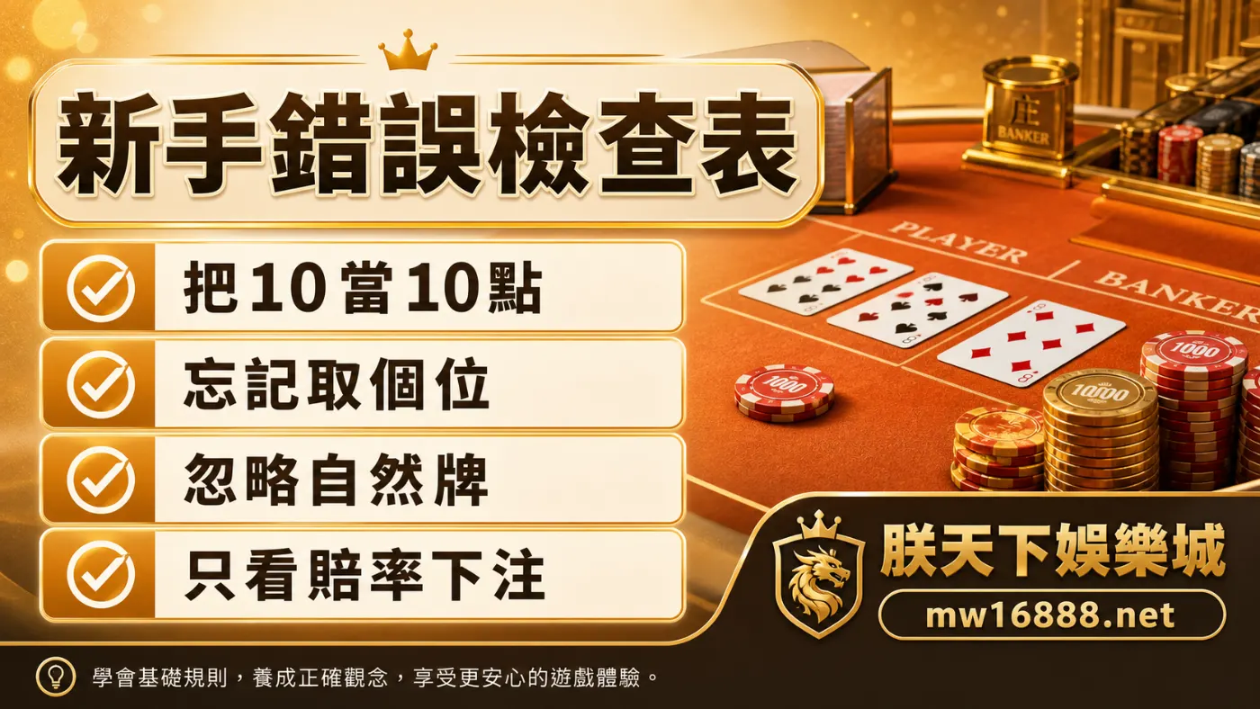 百家樂新手錯誤檢查表，把10當10點、忘記取個位、忽略自然牌、只看賠率下注