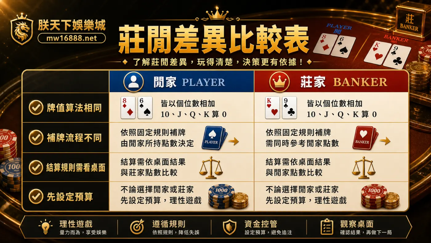 百家樂莊閒差異比較表資訊圖