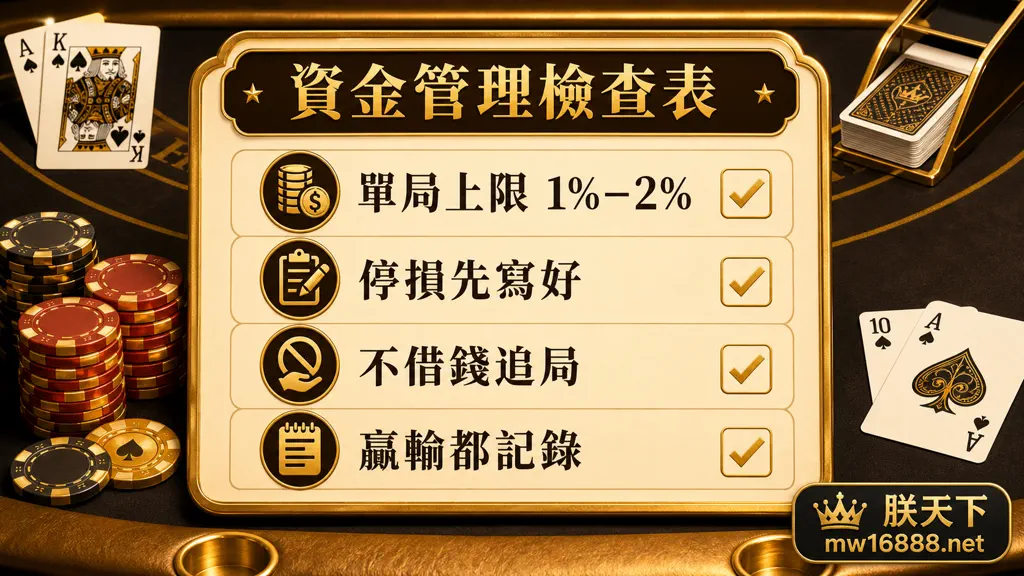21點資金管理檢查表，提醒單局上限、停損、不借錢追局與紀錄