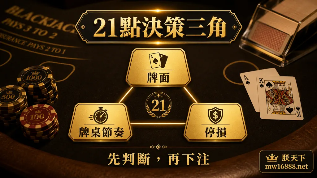 21點決策三角圖,提醒先看牌面、節奏與停損再下注