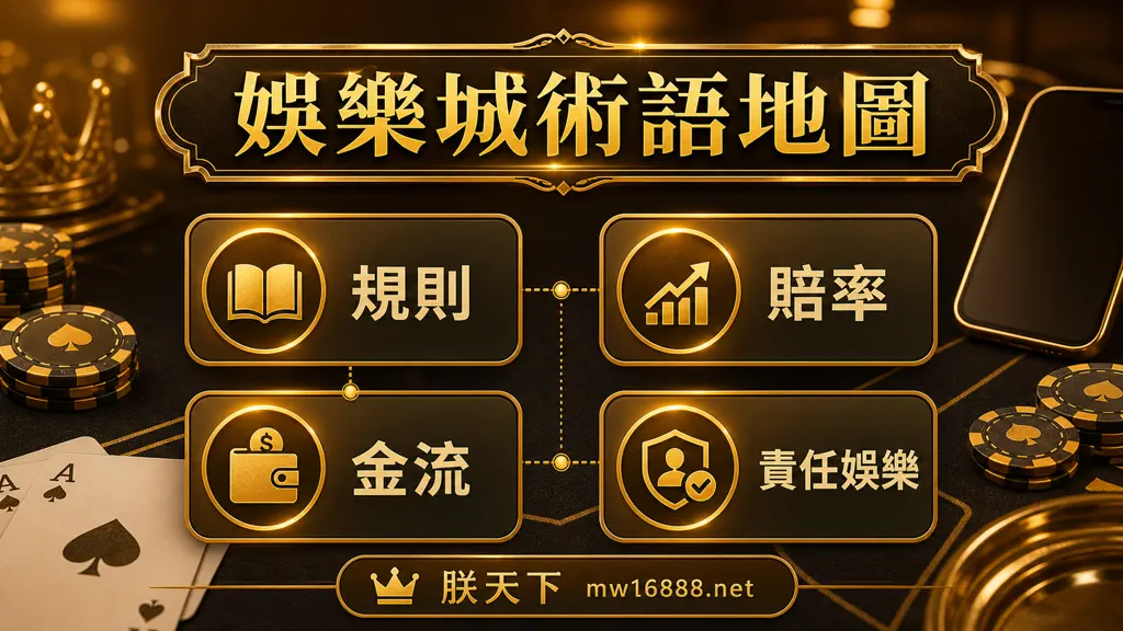 娛樂城術語地圖,分成規則、賠率、金流與責任娛樂四類