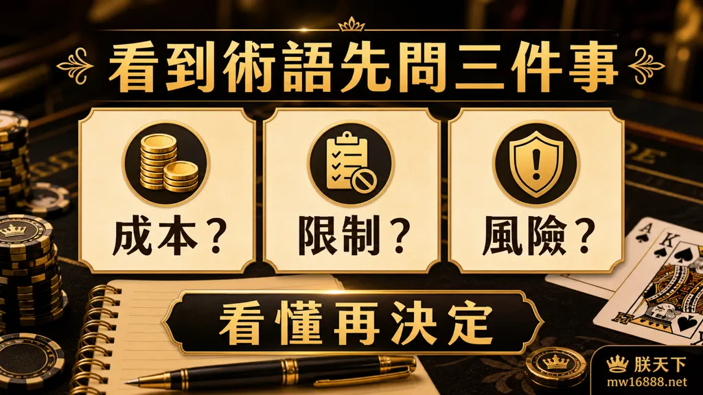 娛樂城術語風險三問圖,提醒看成本、限制與風險再決定
