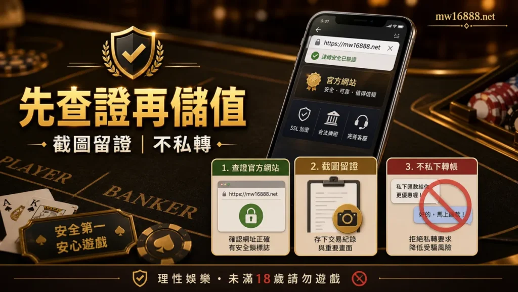 儲值前先查證 儲值前查證圖,提醒截圖留證與避免私下轉帳
