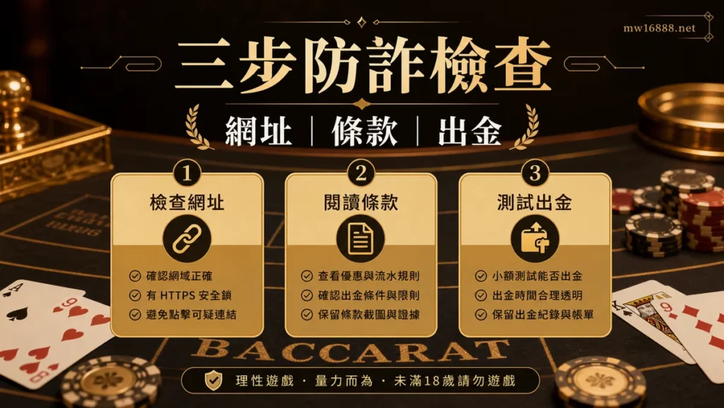 娛樂城防詐三步檢查 三步防詐檢查圖,提醒玩家確認網址、條款與出金流程