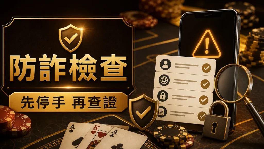 娛樂城詐騙心理防詐檢查圖 娛樂城詐騙心理防詐檢查示意圖,提醒玩家先停手再查證