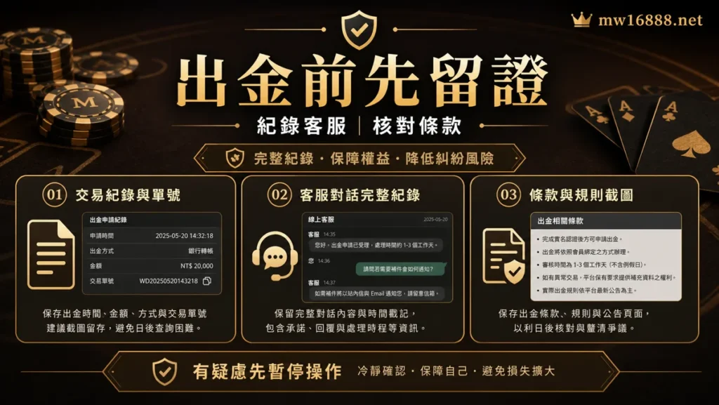 出金前留證圖，提醒保存交易編號、客服紀錄與條款截圖