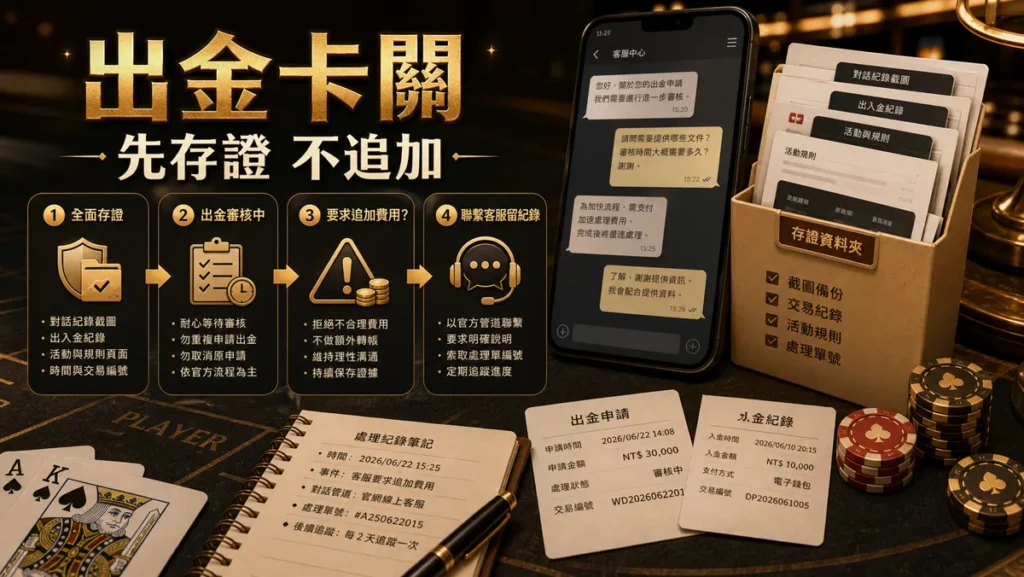 出金卡關存證與停止追加付款示意圖 娛樂城出金卡關時保存證據並停止追加付款的示意圖
