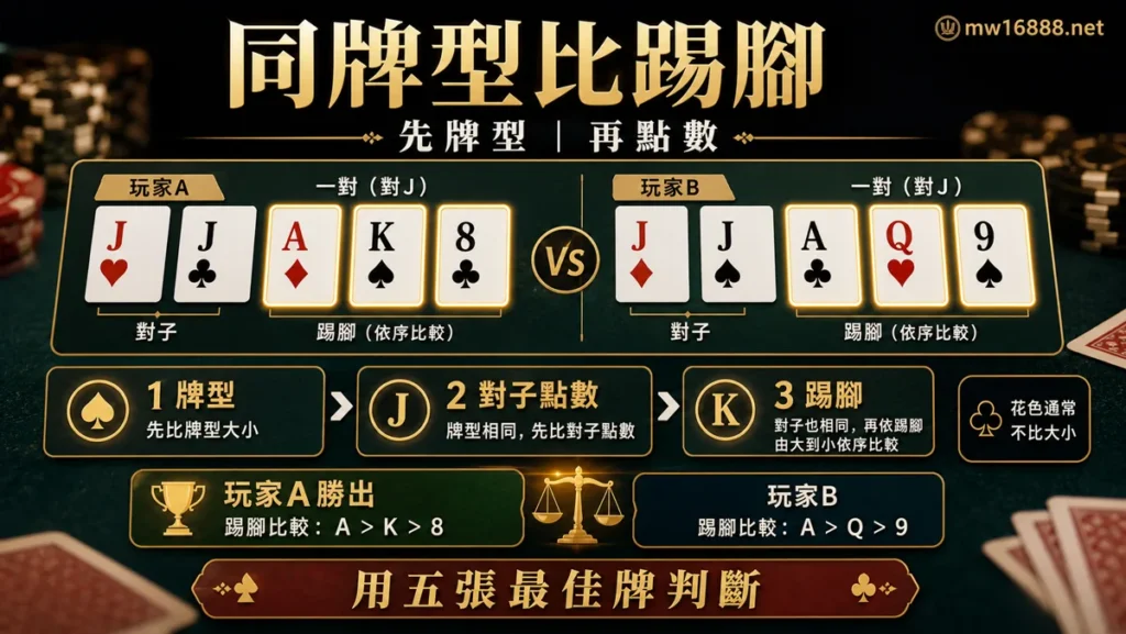德州撲克同牌型比踢腳 德州撲克踢腳判斷圖,說明同牌型時先比對子再比踢腳